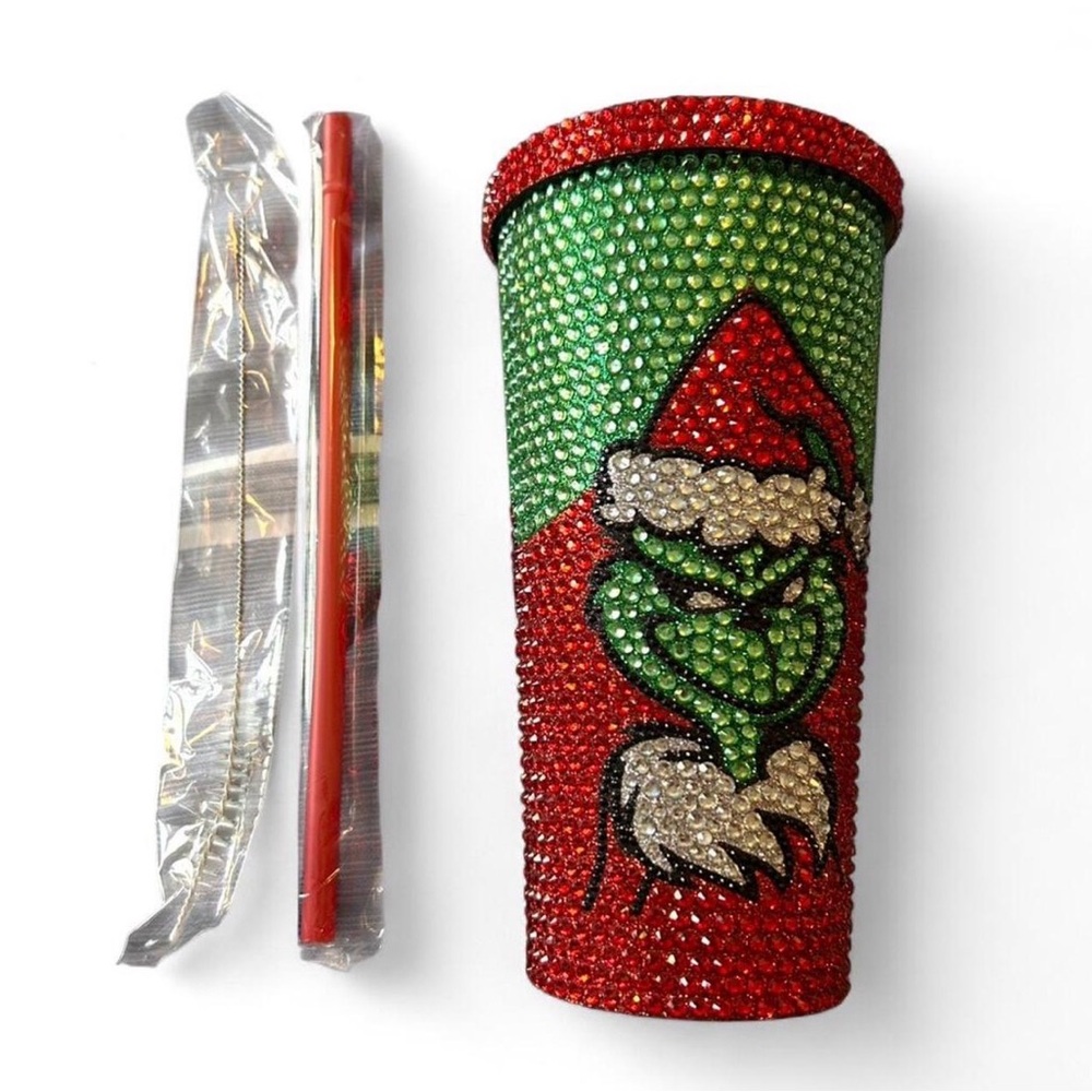 Grinch Rhinestone Tumbler with Straw and straw cleaner